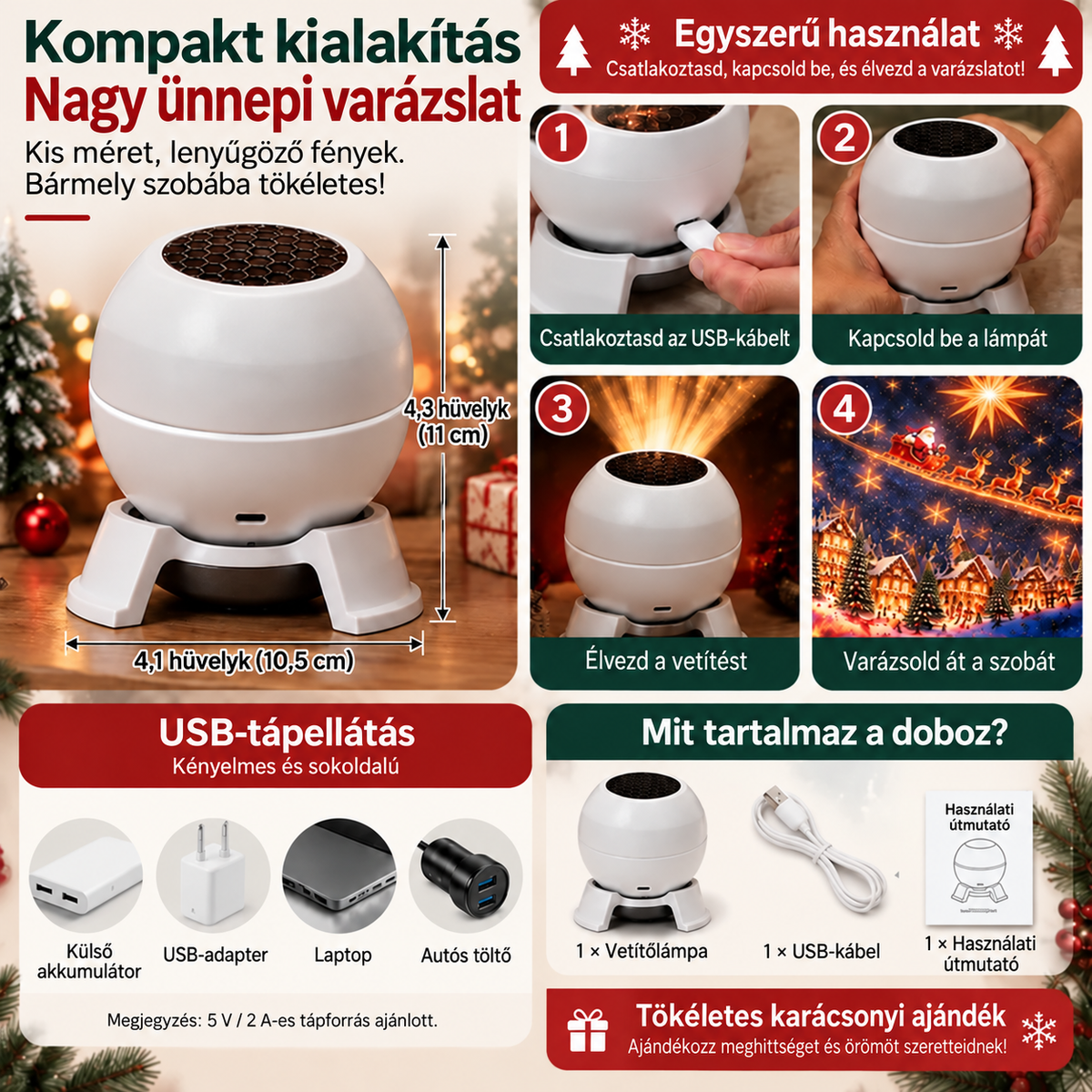 💡 Varázsolj bármely szobából karácsonyi csodavilágot – Ünnepi vetítős éjszakai lámpa